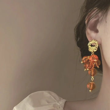 DAIIIBABYYY  -  French Vintage Beaded Tassel Earrings Orange Bead Earrings